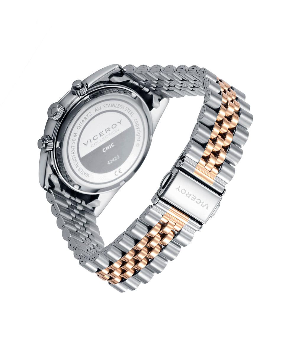 Viceroy Reloj De Hombre Chic De Acero Multifunción Con Esfera Negra Y Correa Bicolor