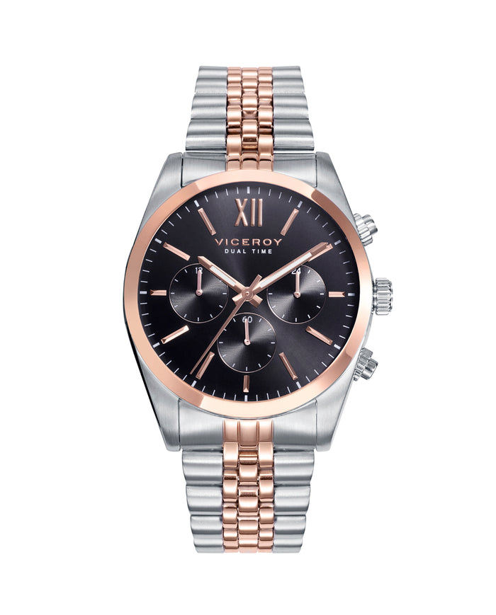 viceroy Reloj de hombre Chic de acero multifunción con esfera negra y correa bicolor