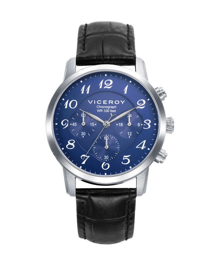 viceroy Reloj de hombre con correa de piel negra y esfera azul con cronógrafo