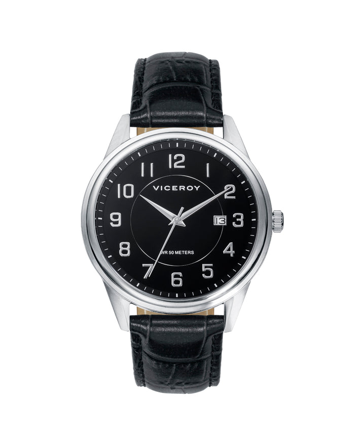 viceroy Reloj de hombre Grand 3 agujas de acero y correa de piel negra