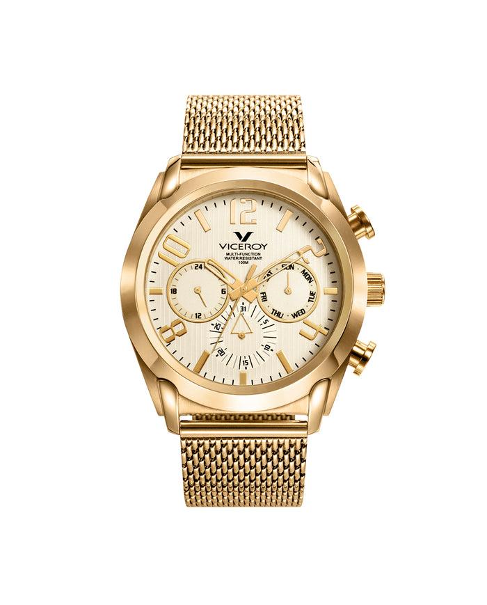 viceroy Reloj de hombre Magnum multifunción de acero IP dorado y malla milanesa