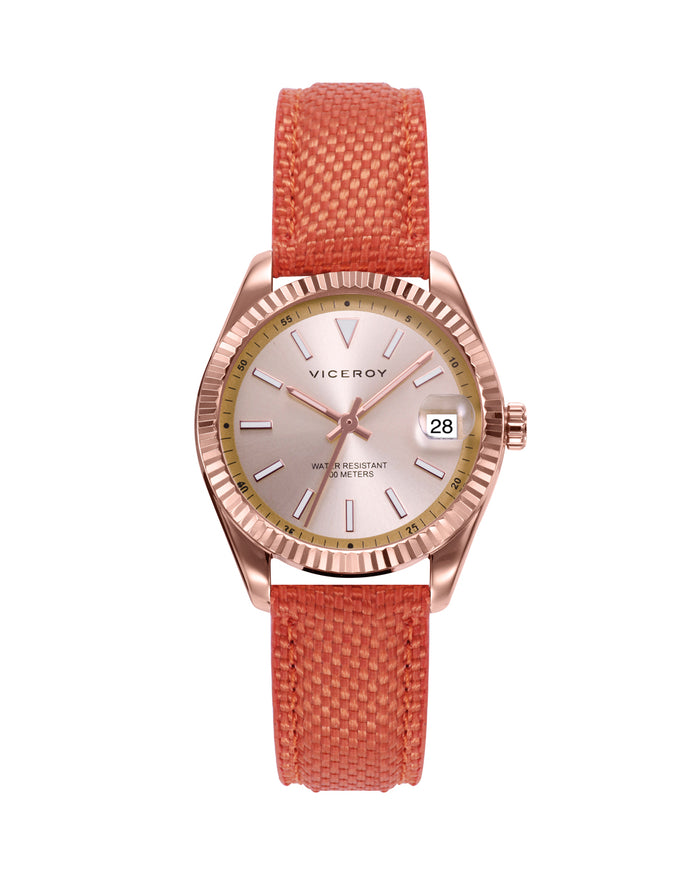 viceroy Reloj de mujer Chic con caja de acero Ip rosa y correa de nylon naranja