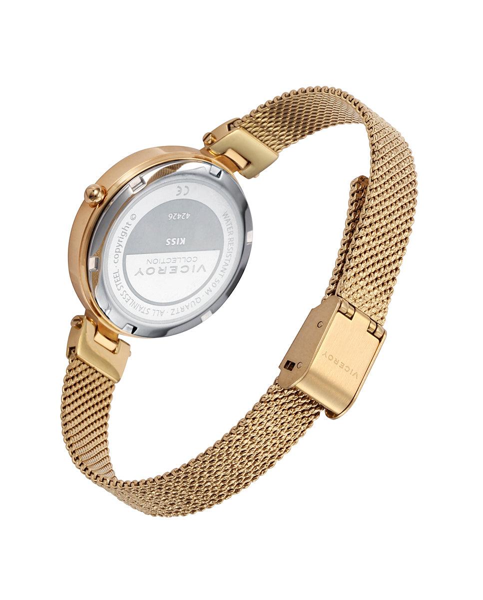 Viceroy Reloj De Mujer Kiss De Acero Con Esfera Blanca Y Malla IP Dorado Con Textura