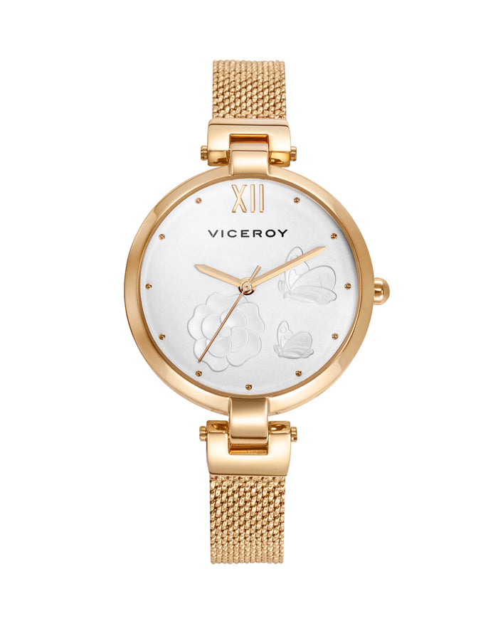 viceroy Reloj de mujer Kiss de acero con esfera blanca y malla IP dorado con textura