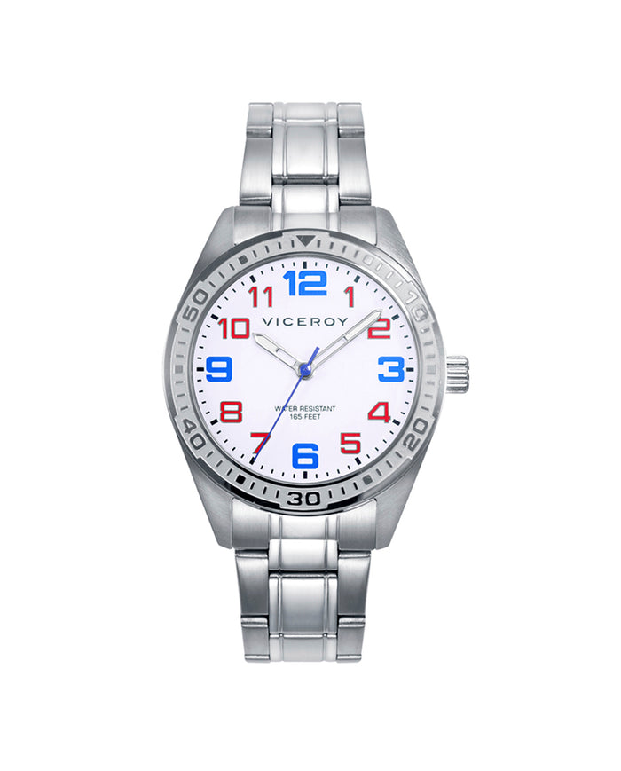 viceroy Reloj de niño con caja de acero y bisel con indicadores horarios. Pulsera de piel trenzada azul con placa de acero y detalles en esmalte de regalo