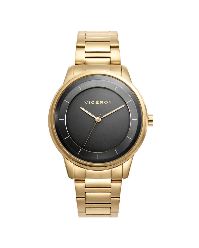 viceroy Reloj dorado para hombre con esfera negra de tres agujas