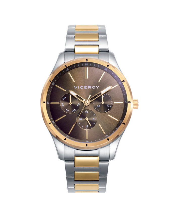 viceroy Reloj en acero bicolor con bisel dorado y esfera marrón multifunción