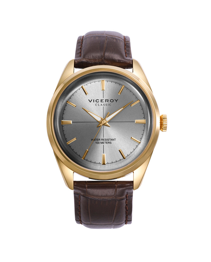 viceroy Reloj para hombre con caja de acero dorado y correa de piel marrón