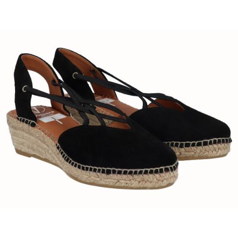 Viguera Alpargata Cuña Baja Yute Negro Con Elásticos