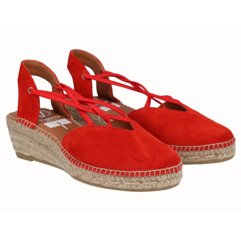 Viguera Alpargata Cuña Baja Yute Rojo Con Elásticos