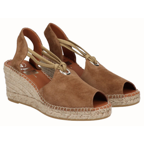 Viguera Alpargata Peep Toes Cuña Media Yute Cuero Con Elásticos