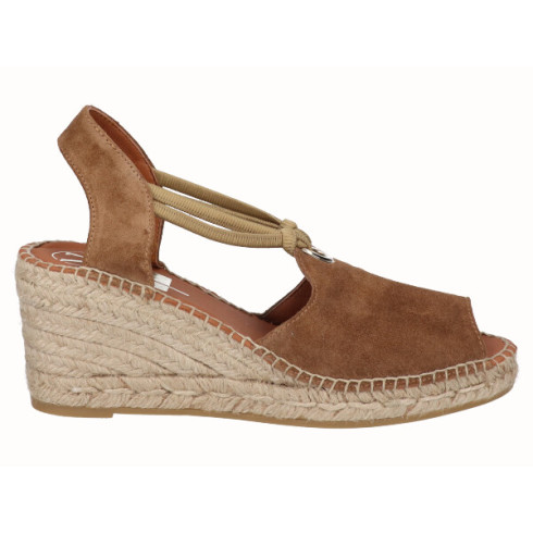 Viguera Alpargata Peep Toes Cuña Media Yute Cuero Con Elásticos