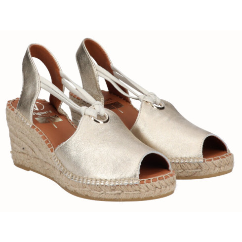 Viguera Alpargata Peep Toes Cuña Media Yute Oro Con Elásticos