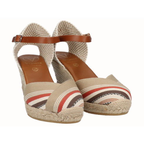 Viguera Alpargata Valencia Cuña Media Rayas Beig Rojo