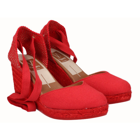 Viguera Alpargata Cuña Alta Yute Rojo Cintas