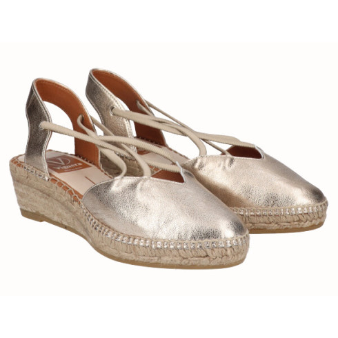 Viguera Alpargata Cuña Baja Yute Oro Con Elásticos