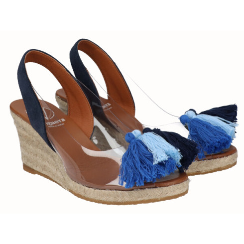 Viguera Alpargata Cuña Yute Vinilo Borlas Azul