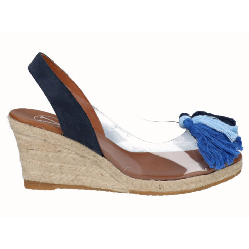 viguera Alpargata Cuña Yute Vinilo Borlas Azul