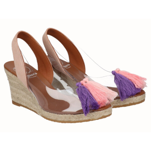 Viguera Alpargata Cuña Yute Vinilo Borlas Rosa