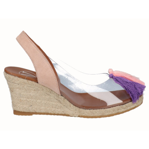 viguera Alpargata Cuña Yute Vinilo Borlas Rosa