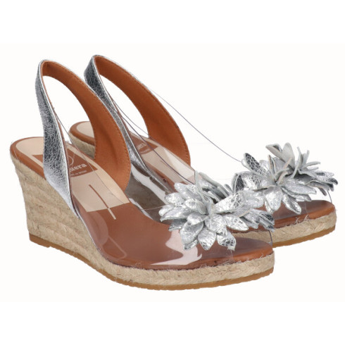 Viguera Alpargata Cuña Yute Vinilo Flores Plata