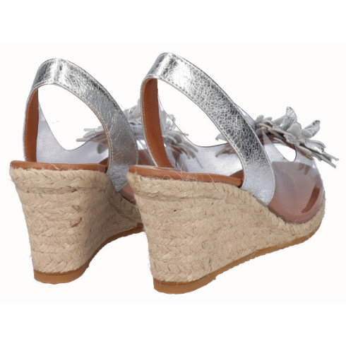 Viguera Alpargata Cuña Yute Vinilo Flores Plata