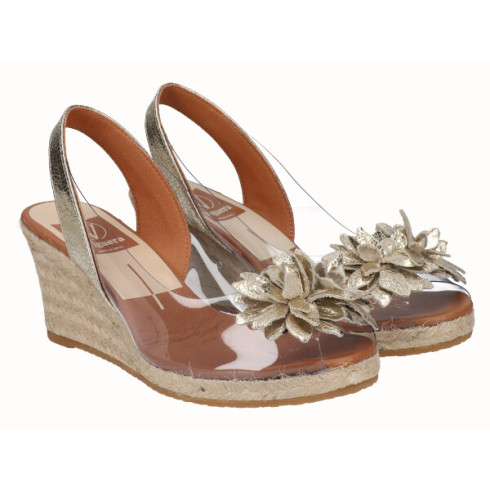 Viguera Alpargata Cuña Yute Vinilo Flores Platino