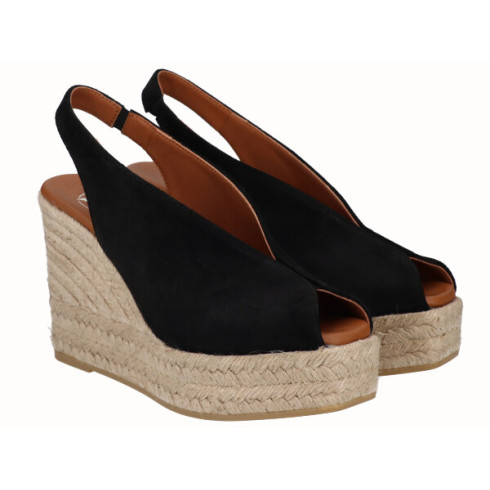 Viguera Alpargata Peep Toes Cuña Alta Yute Negro