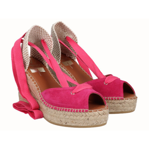Viguera Alpargata Peep Toes Cuña Yute Fuxia Cintas