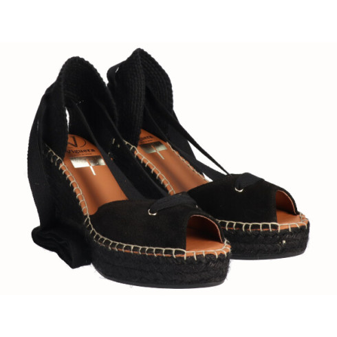 Viguera Alpargata Peep Toes Cuña Yute Negro Cintas