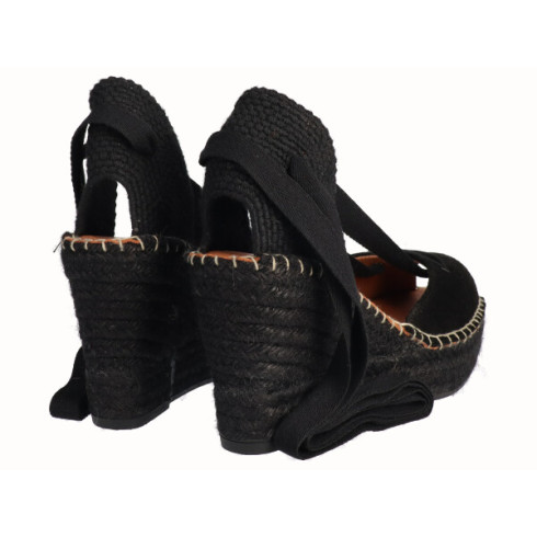 Viguera Alpargata Peep Toes Cuña Yute Negro Cintas