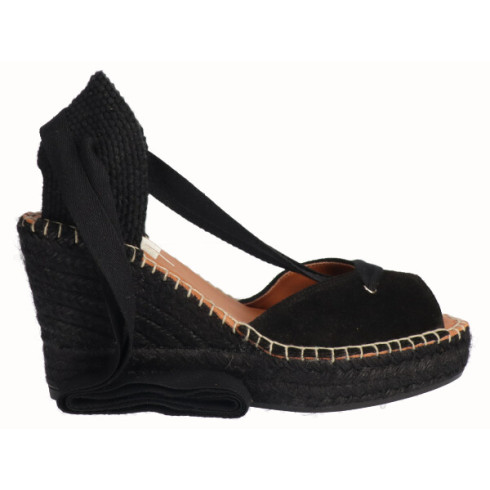 viguera Alpargata Peep Toes Cuña Yute Negro Cintas