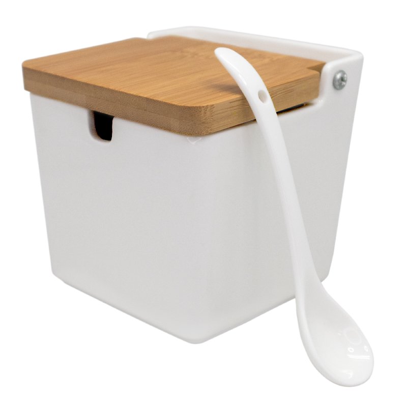 vin bouquet Salero de Porcelana Extragrande Cuadrado con Tapa de Madera y Cuchara Elegancia y Funcionalidad en la Cocina Blanco