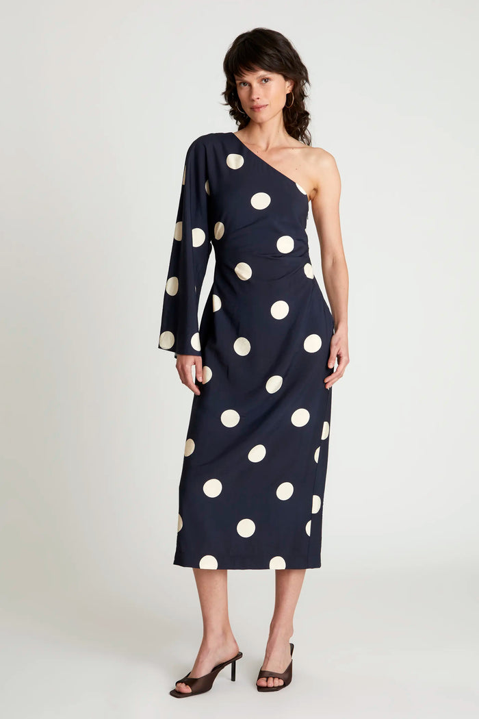 wild pony Vestido largo asimétrico lunares azul marino