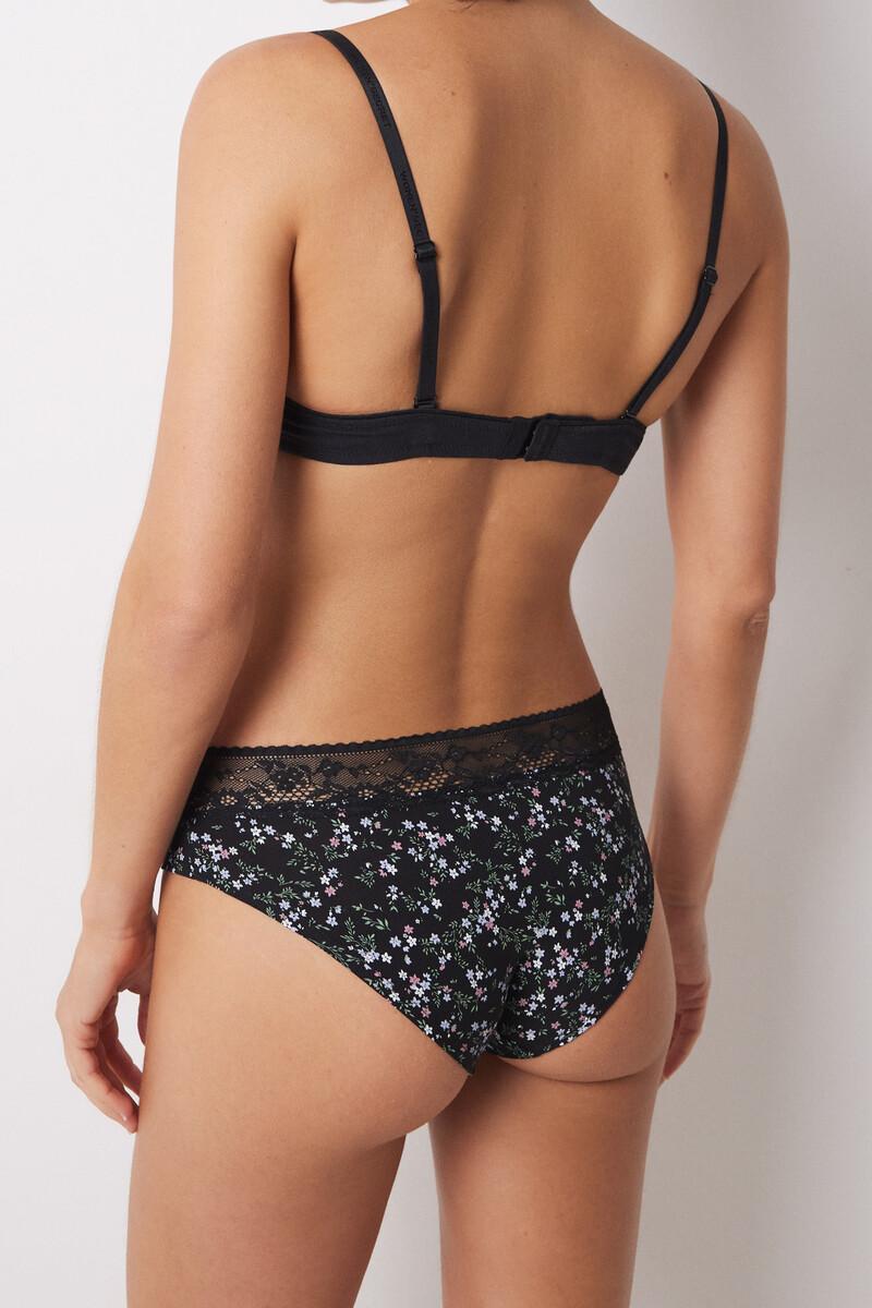 Women'secret Braga Ancha Algodón Estampado Y Encaje Negro