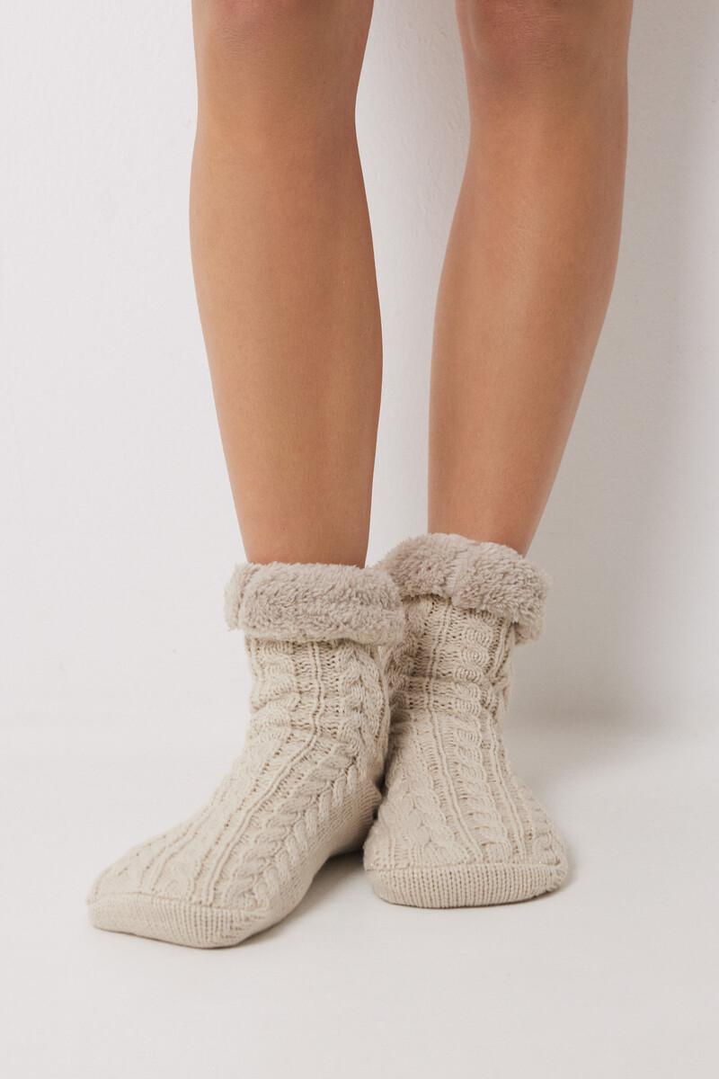 Women'secret Calcetines Altos Antideslizantes Pelo Beige