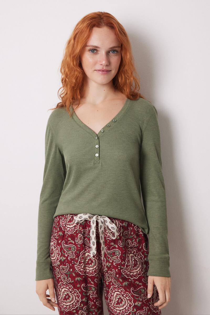 Women'secret Camiseta Manga Larga Tejido Waffle Verde