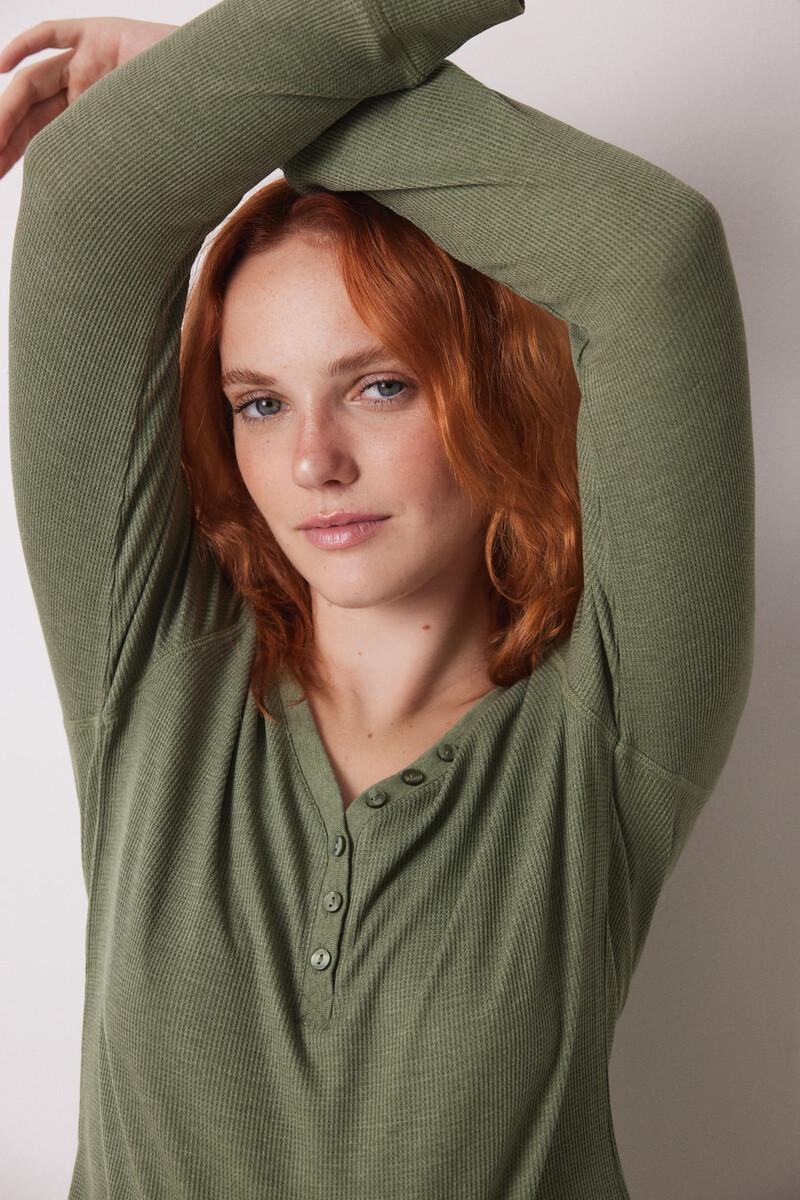 Women'secret Camiseta Manga Larga Tejido Waffle Verde