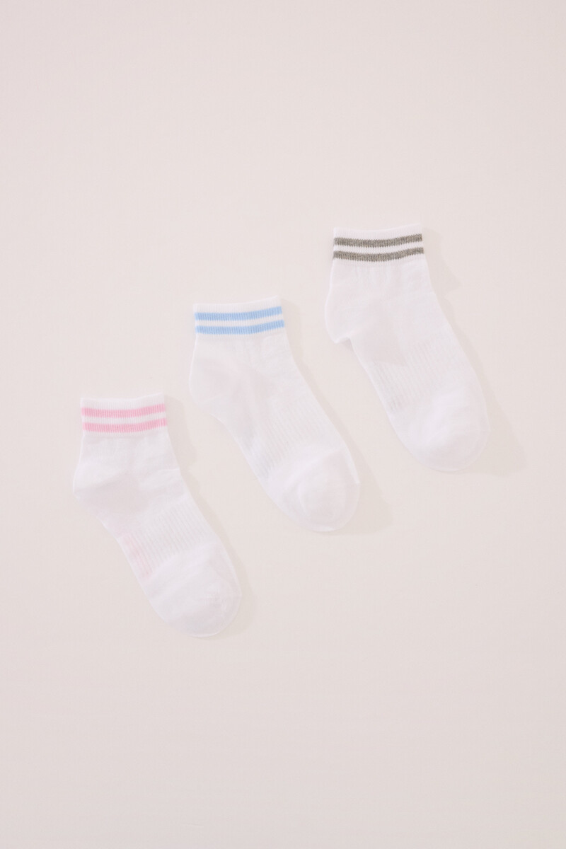 Women'secret Pack 3 Calcetines Cortos Algodón Rayas Blanco