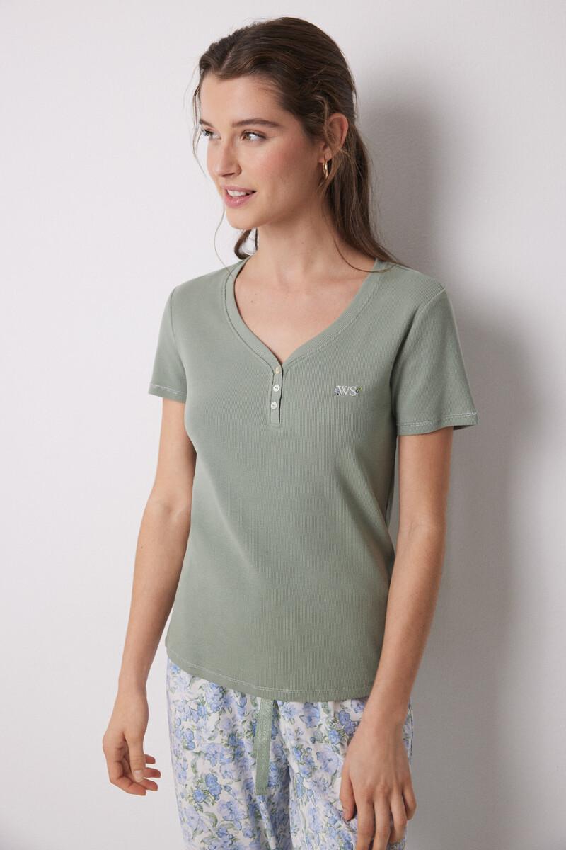 Women'secret Pijama 100% Algodón Canalé Verde Flores