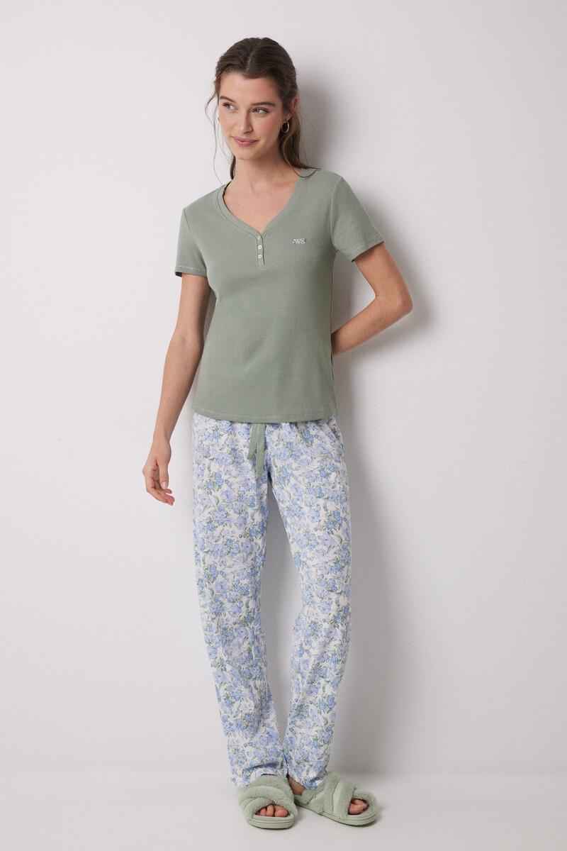 women'secret Pijama 100% algodón canalé verde flores