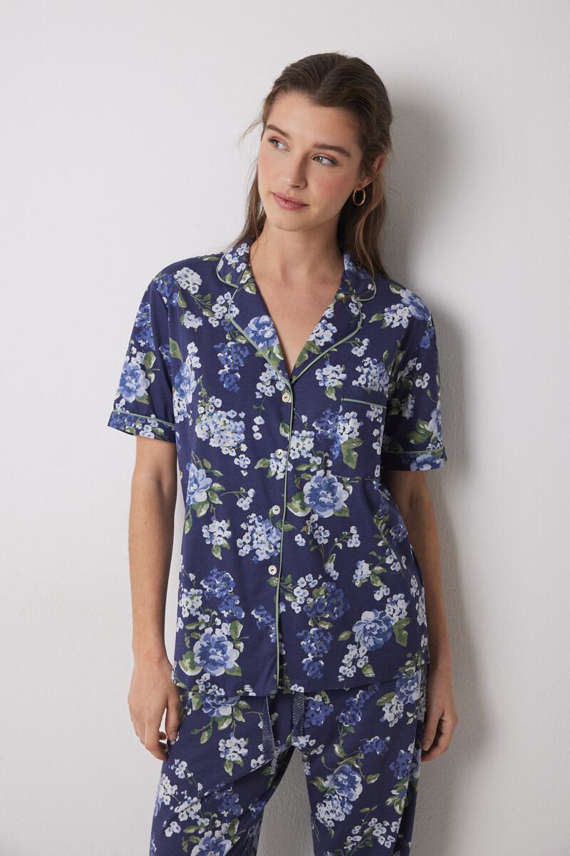 Women'secret Pijama Camisero 100% Algodón Azul Flores