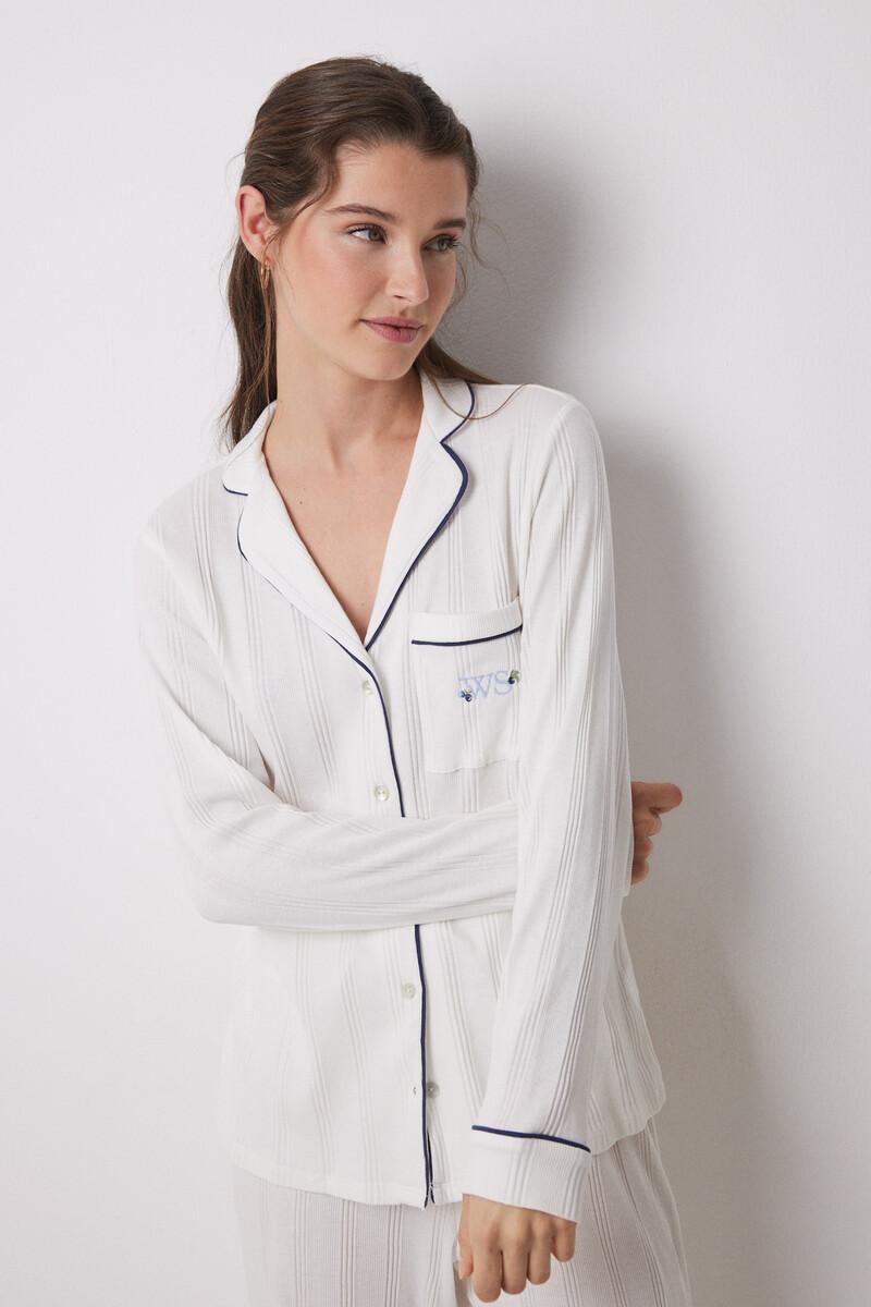 women'secret Pijama camisero 100% algodón canalé blanco