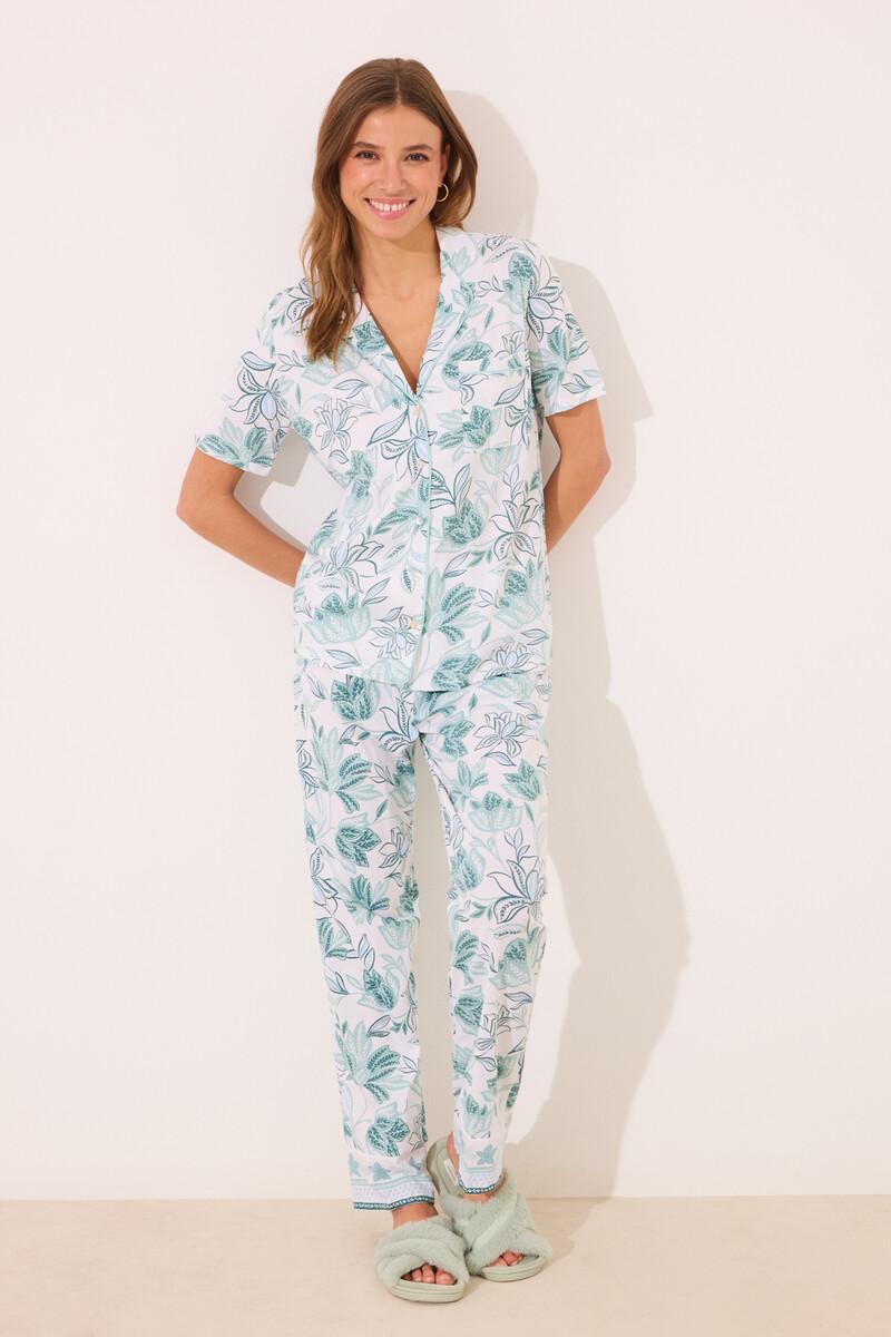 women'secret Pijama camisero 100% algodón flores verdes