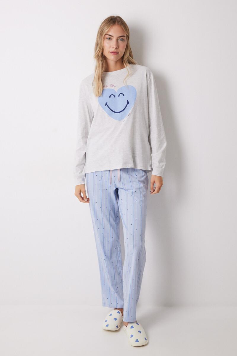 Women'secret Pijama Largo 100% Algodón Azul Corazones