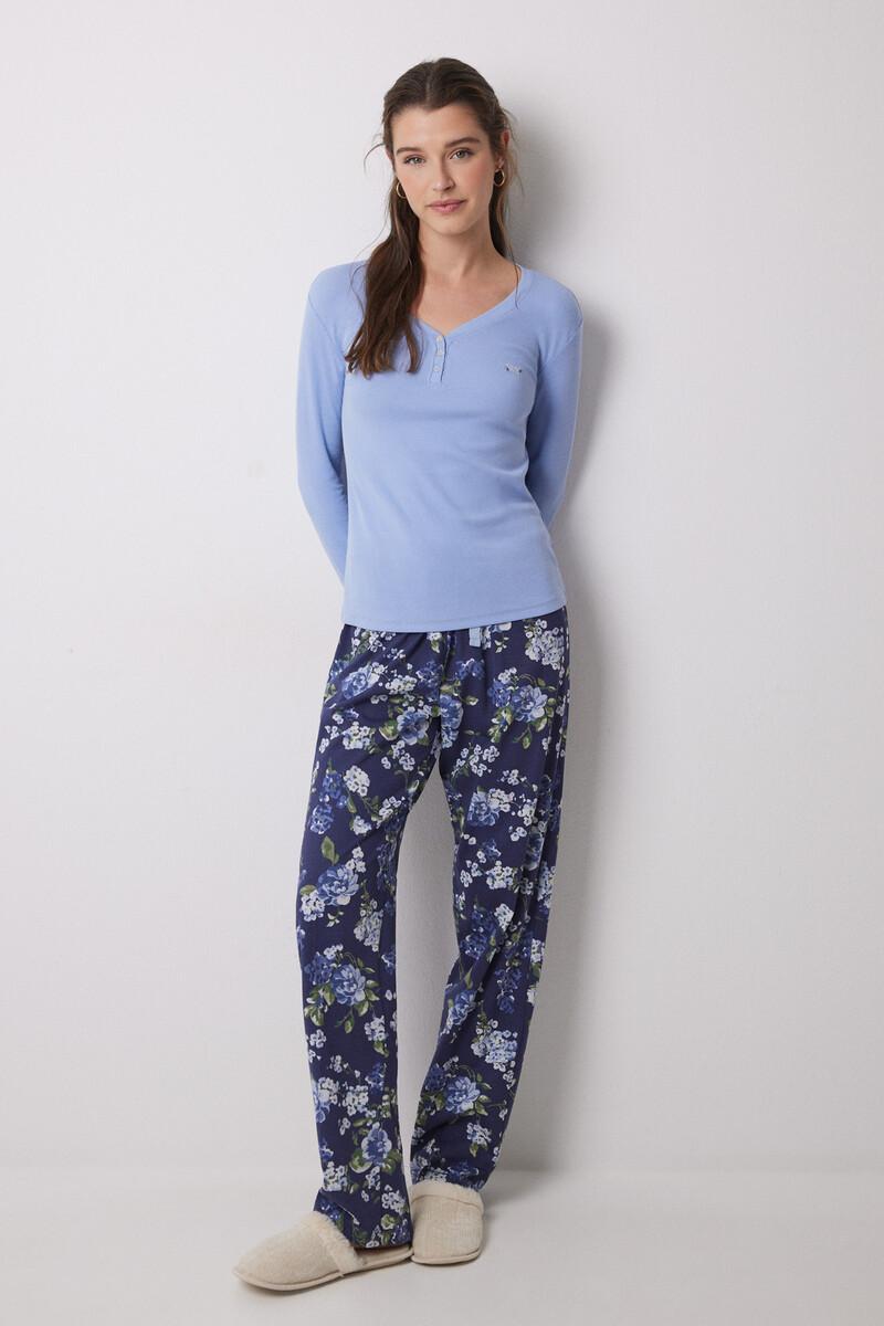 Women'secret Pijama Largo 100% Algodón Canalé Azul Flores