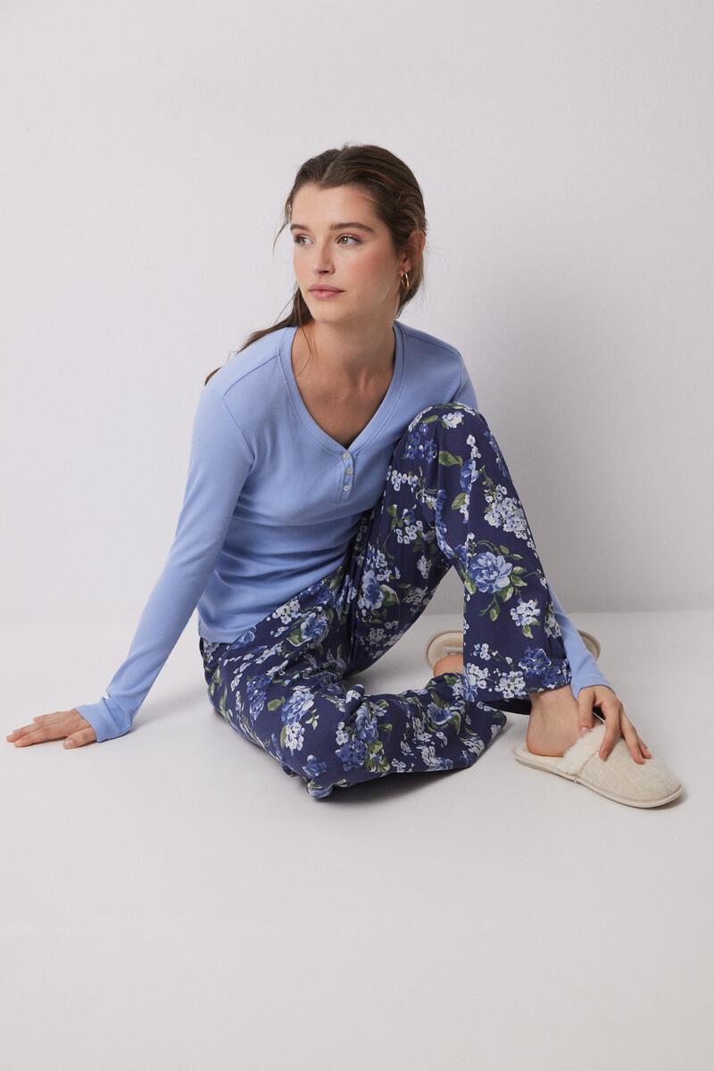 women'secret Pijama largo 100% algodón canalé azul flores