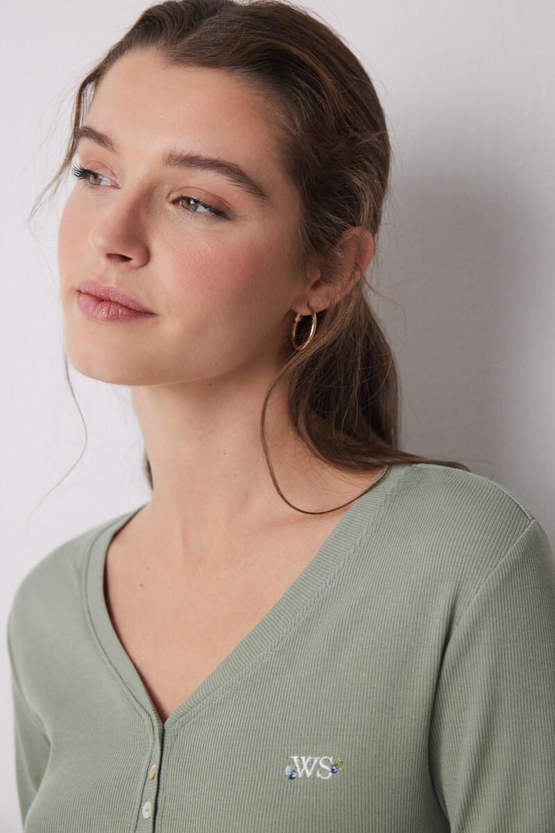 Women'secret Pijama Largo 100% Algodón Canalé Verde Flores