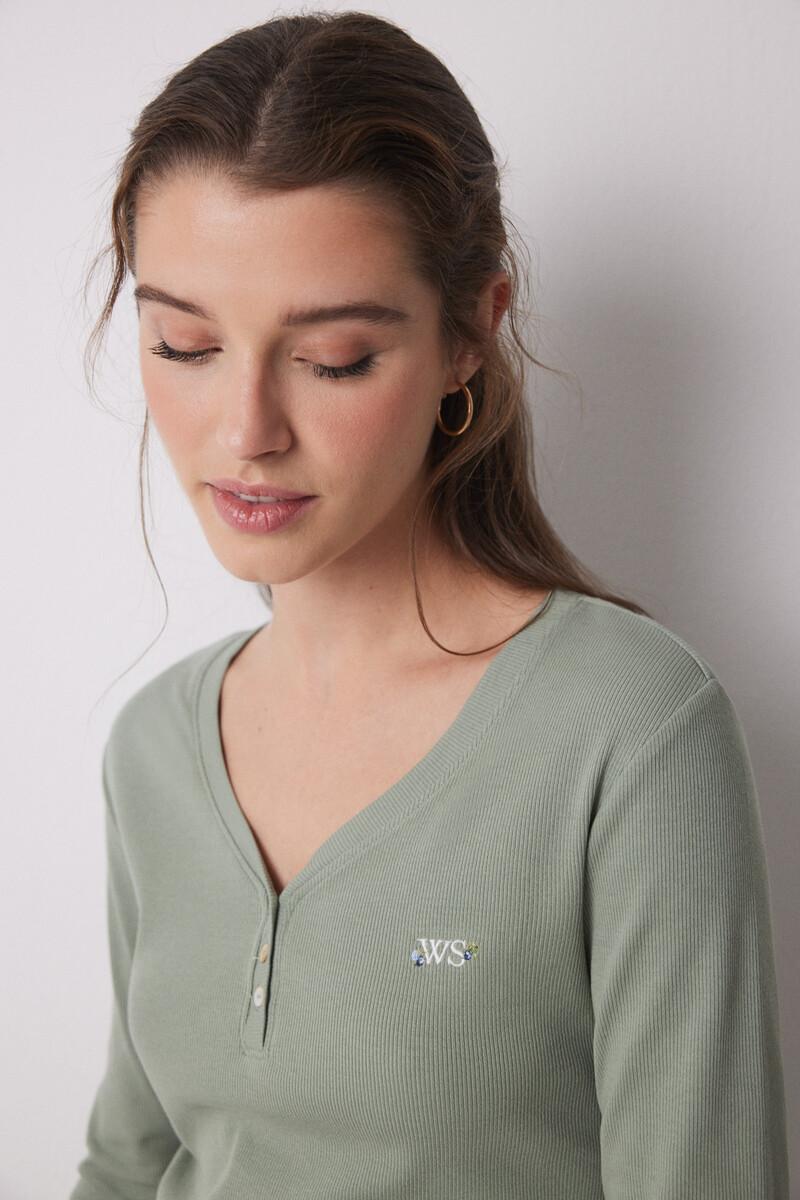 Women'secret Pijama Largo 100% Algodón Canalé Verde Flores