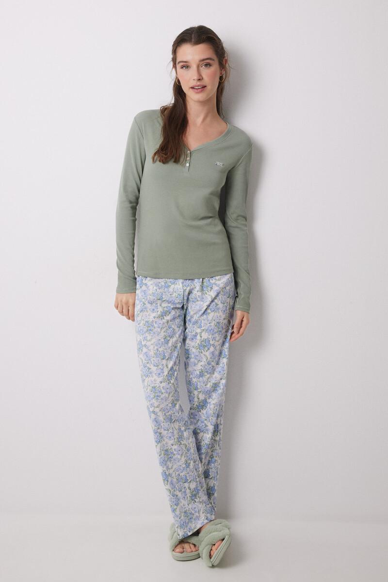 women'secret Pijama largo 100% algodón canalé verde flores